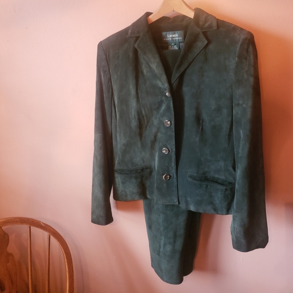 Vtg Lauren Ralph Lauren Green Suede 2 pc Leather Suit Jacket + Pants set - Picture 6 of 16